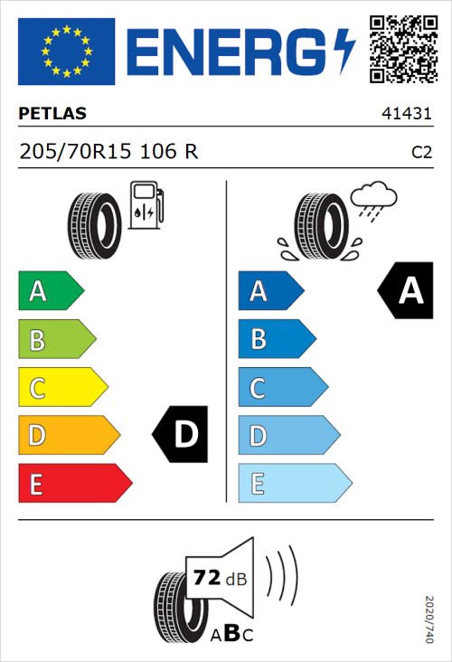 Tyre Label for Petlas Full Power PT825 205/70R15 106R