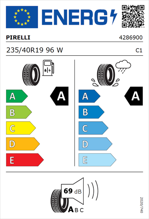 Tyre Label for Pirelli P ZERO E 235/40R19 96W