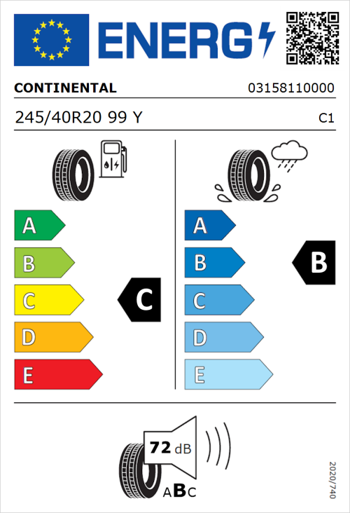 Tyre Label for Continental ContiSportContact 3 245/40R20 99Y
