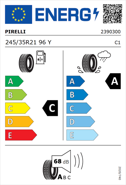 Tyre Label for Pirelli P ZERO Run Flat 245/35R21 96Y